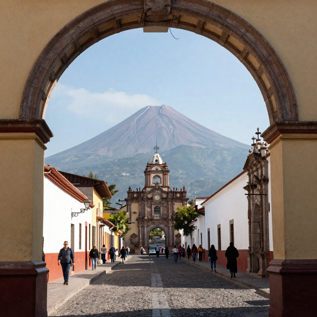 Calles coloniales de Antigua Guatemala con volcanes